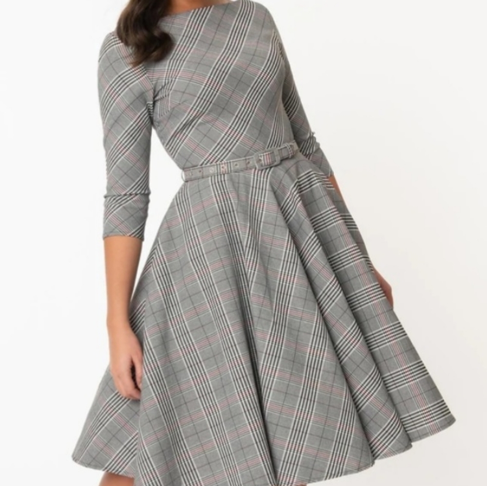 Unique Vintage Grey Glen Plaid Devon Swing Dress